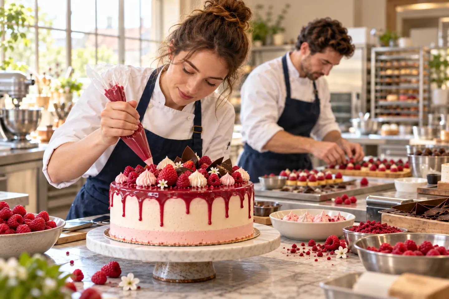 Une pâtissière décore un gâteau aux fruits rouges dans son laboratoire.