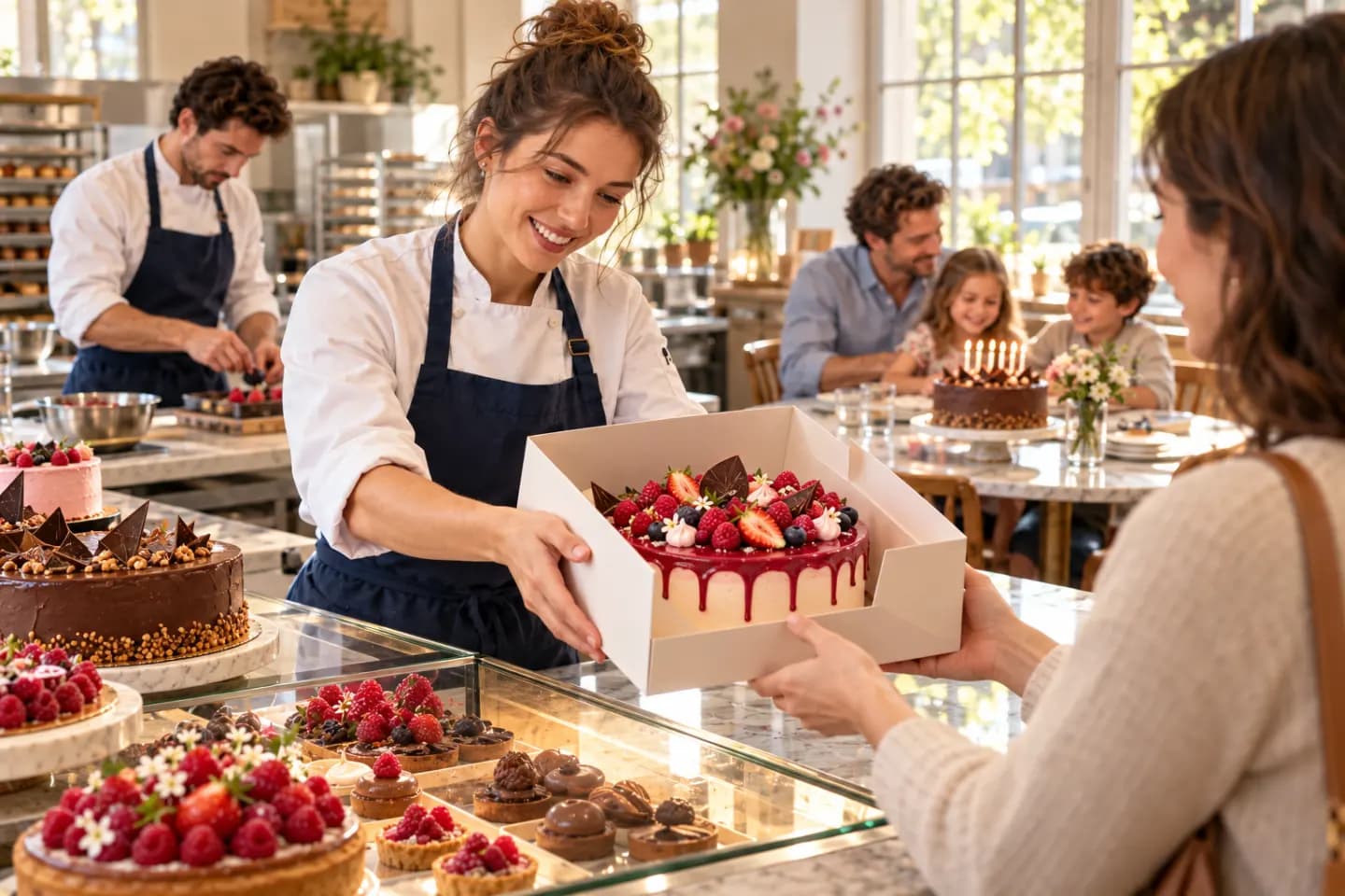 Une pâtissière remet un gâteau terminé à une cliente.